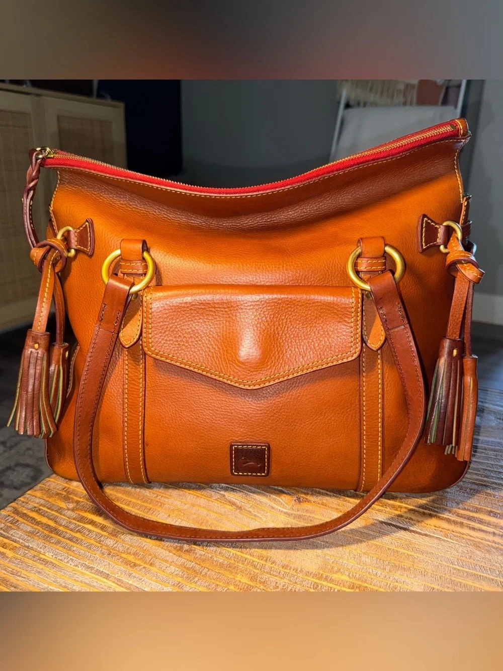 Dooney & Bourke Florentine Leather The Smith Satchel Bag , Tassels, Red Lining - Picture 1 of 15